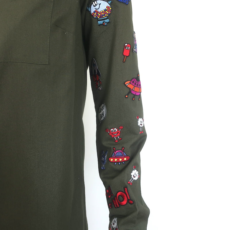 Mira Mikati Embroidered Button Down Shirt Olive Cotton Size US 4 Long Sleeve Top