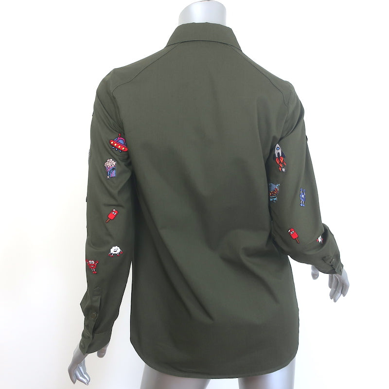 Mira Mikati Embroidered Button Down Shirt Olive Cotton Size US 4 Long Sleeve Top