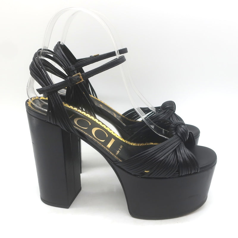 Gucci Crawford Knotted Platform Ankle Strap Sandals Black Leather Size 37