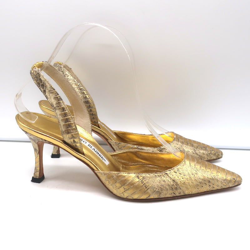 Manolo Blahnik Carolyne Slingback Pumps Gold Snakeskin Size 37 Pointed Toe Heels