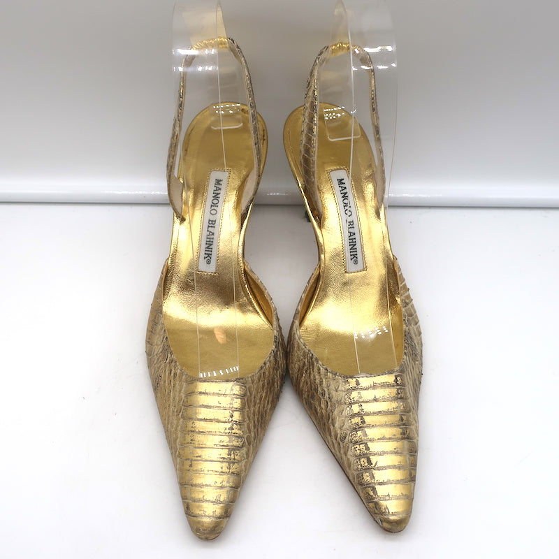 Manolo Blahnik Carolyne Slingback Pumps Gold Snakeskin Size 37 Pointed Toe Heels