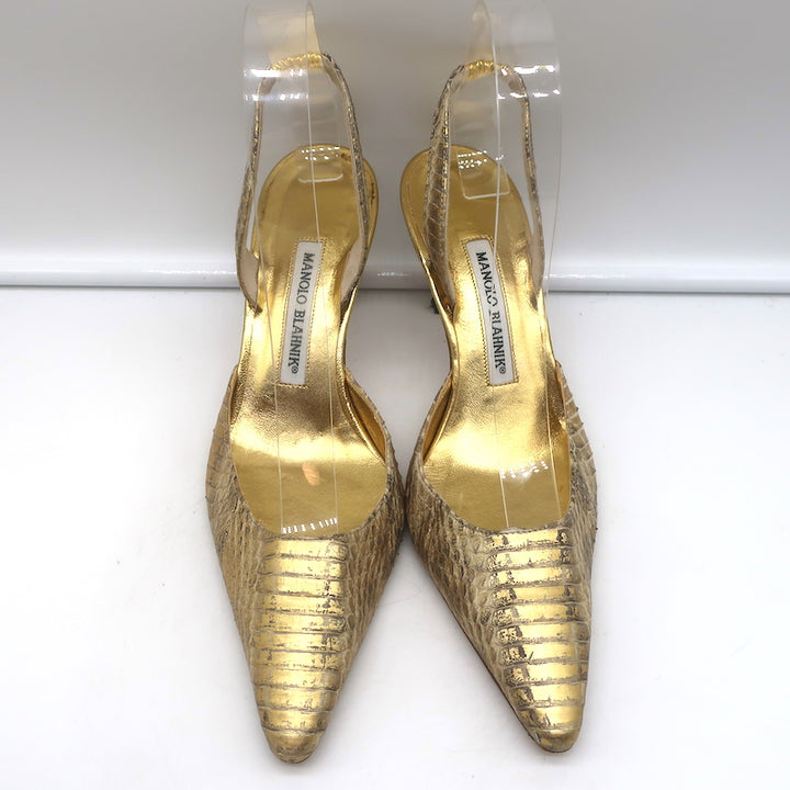Manolo Blahnik Carolyne Slingback Pumps Gold Snakeskin Size 37 Pointed Toe Heels