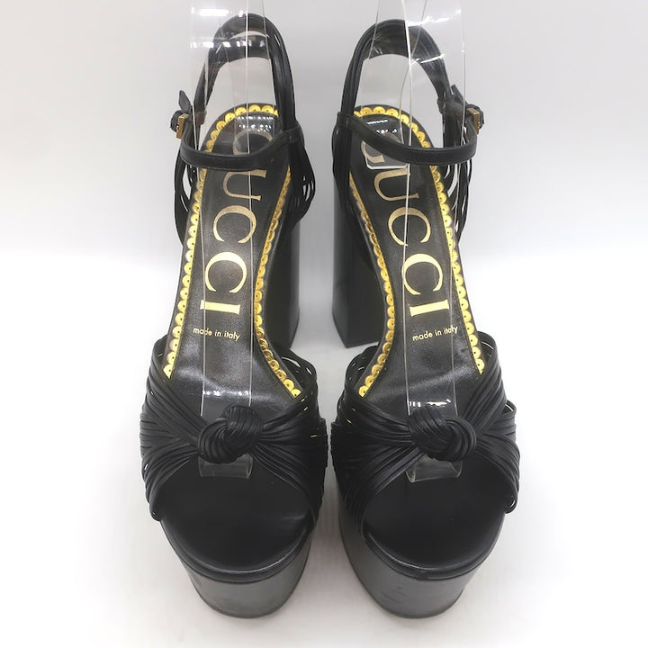 Gucci Crawford Knotted Platform Ankle Strap Sandals Black Leather Size 37