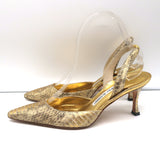 Manolo Blahnik Carolyne Slingback Pumps Gold Snakeskin Size 37 Pointed Toe Heels