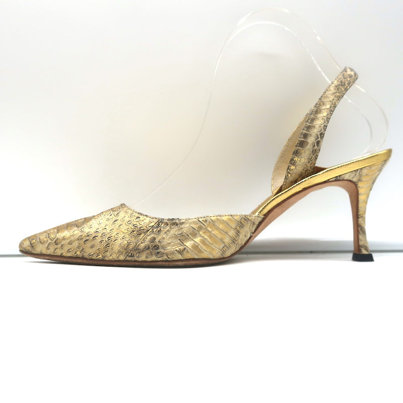 Manolo Blahnik Carolyne Slingback Pumps Gold Snakeskin Size 37 Pointed Toe Heels