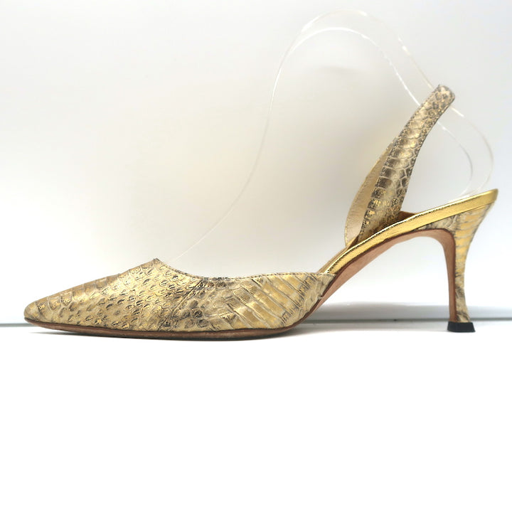 Manolo Blahnik Carolyne Slingback Pumps Gold Snakeskin Size 37 Pointed Toe Heels