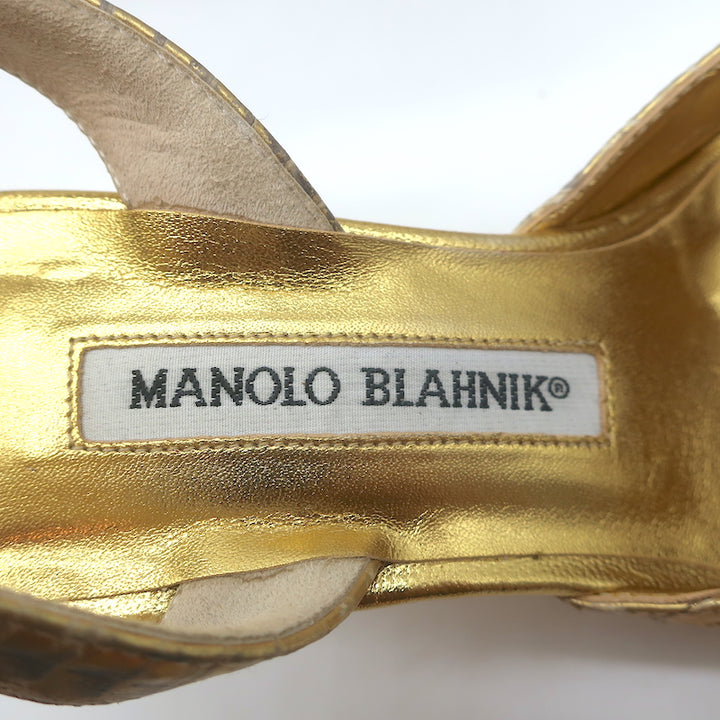 Manolo Blahnik Carolyne Slingback Pumps Gold Snakeskin Size 37 Pointed Toe Heels