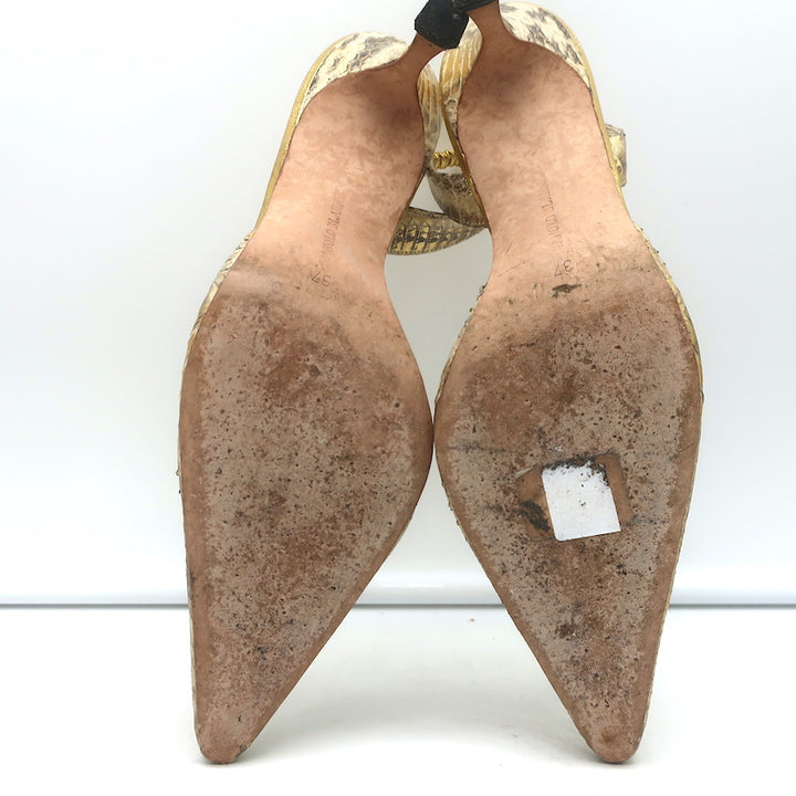 Manolo Blahnik Carolyne Slingback Pumps Gold Snakeskin Size 37 Pointed Toe Heels