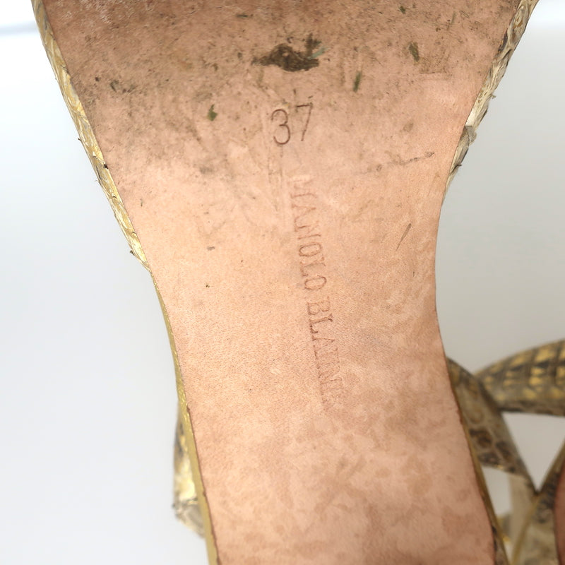 Manolo Blahnik Carolyne Slingback Pumps Gold Snakeskin Size 37 Pointed Toe Heels