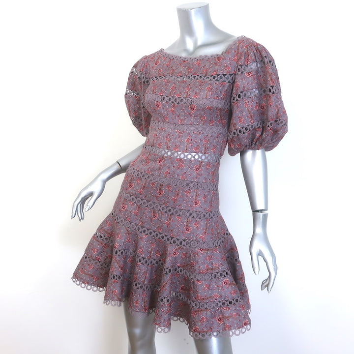Zimmermann Juniper Ring Lace-Trim Mini Dress Mauve Floral Print Linen Size 0