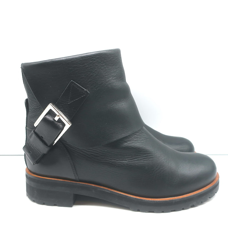 Chloe Foldover Shearling Ankle Boots Black Leather Size 38