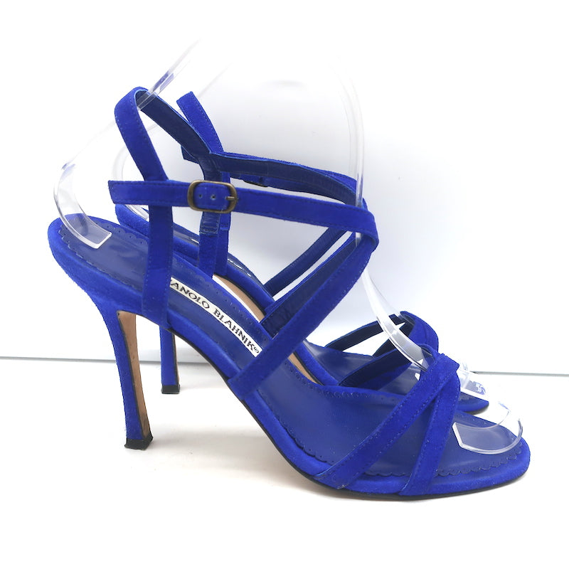 Manolo Blahnik Bayan Strappy Sandals Cobalt Suede Size 37 Slingback Heels