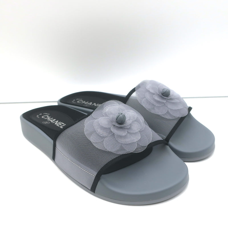 Chanel Mesh Camellia Pool Slide Sandals Gray Size 38 NEW