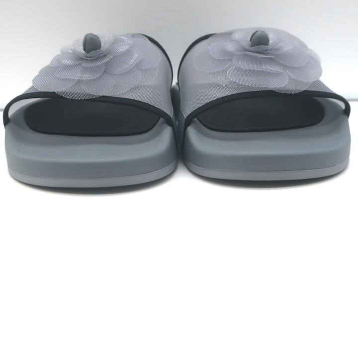 Chanel Mesh Camellia Pool Slide Sandals Gray Size 38 NEW