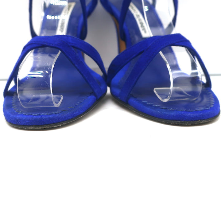 Manolo Blahnik Bayan Strappy Sandals Cobalt Suede Size 37 Slingback Heels