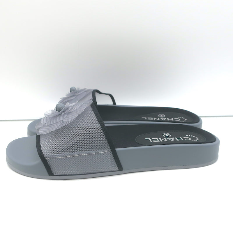 Chanel Mesh Camellia Pool Slide Sandals Gray Size 38 NEW