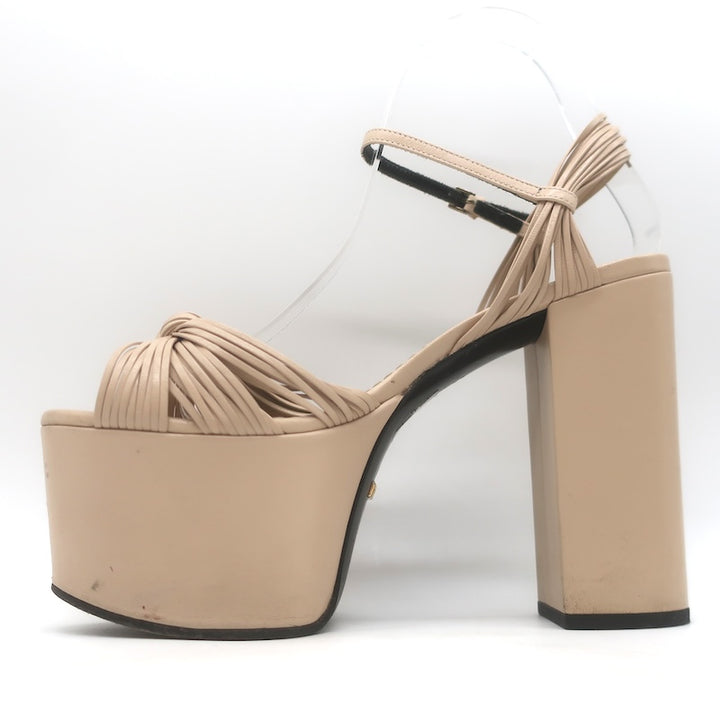 Gucci Crawford Knotted Platform Ankle Strap Sandals Beige Leather Size 37