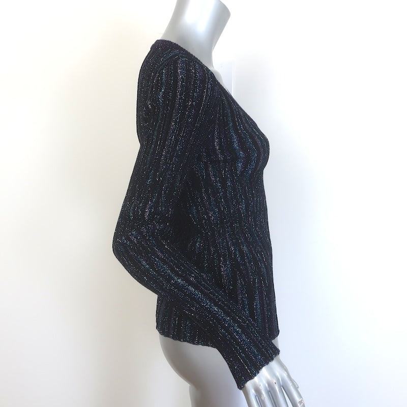 Missoni Pleated Lame V-Neck Sweater Black/Blue Metallic Knit Size 40