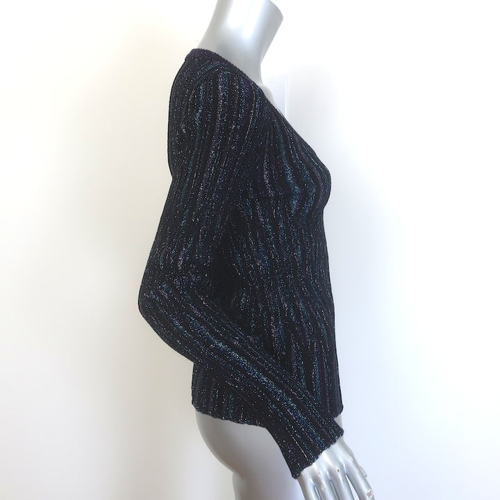 Missoni Pleated Lame V-Neck Sweater Black/Blue Metallic Knit Size 40