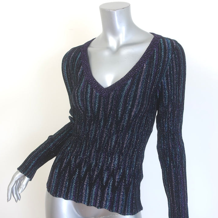 Missoni Pleated Lame V-Neck Sweater Black/Blue Metallic Knit Size 40