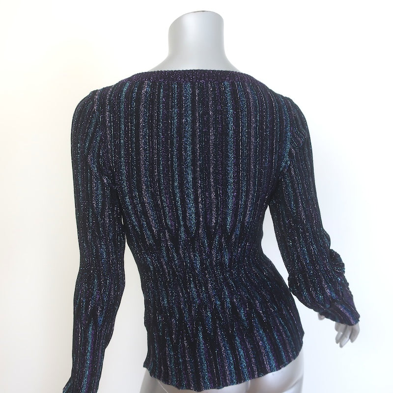 Missoni Pleated Lame V-Neck Sweater Black/Blue Metallic Knit Size 40