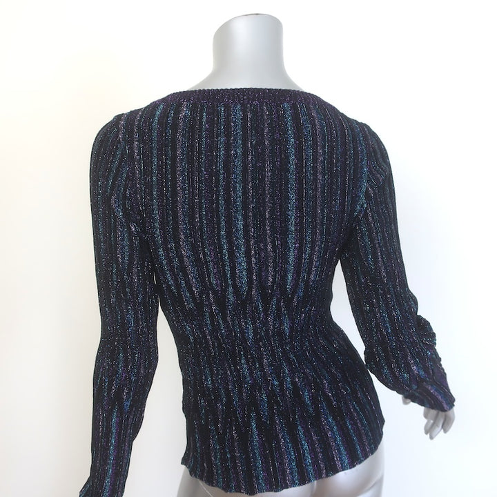 Missoni Pleated Lame V-Neck Sweater Black/Blue Metallic Knit Size 40