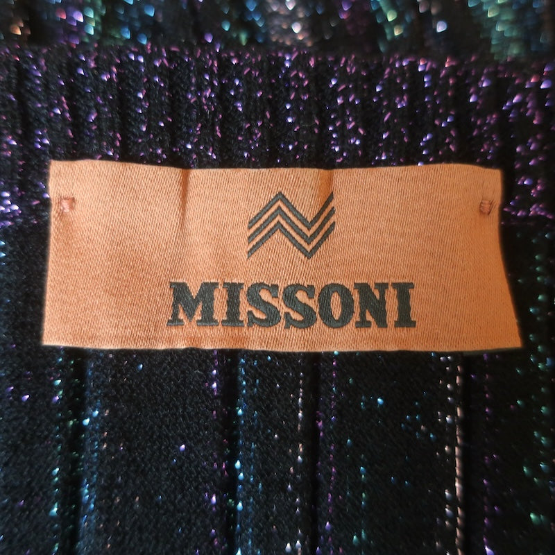 Missoni Pleated Lame V-Neck Sweater Black/Blue Metallic Knit Size 40