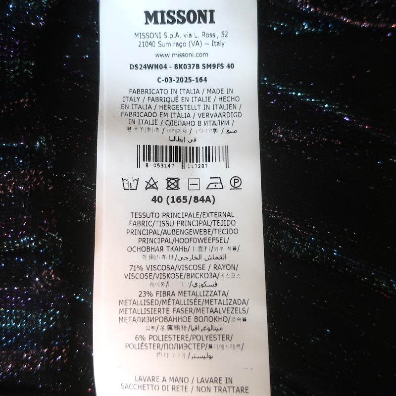Missoni Pleated Lame V-Neck Sweater Black/Blue Metallic Knit Size 40