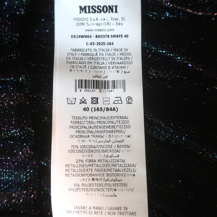 Missoni Pleated Lame V-Neck Sweater Black/Blue Metallic Knit Size 40