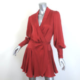 Zimmermann pre-owned long-sleeve mini wrap dress in crimson silk satin, V-neck with waist tie, minor back smudge, luxe sheen