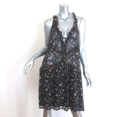 IRO Baden Ruffled Lace-Up Mini Dress Black Floral Print Crepe Size 42