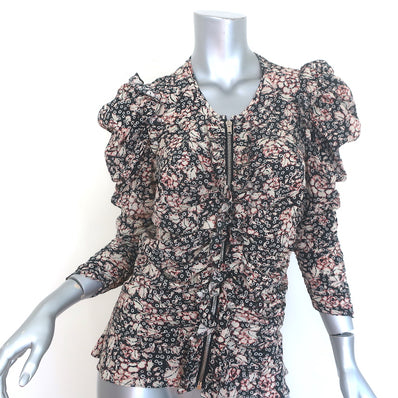 Isabel Marant Bali Ruched Zip-Front Blouse Black Printed Stretch Silk Size 40