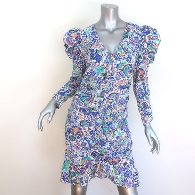 Isabel Marant Bireya Puff Sleeve Ruched Mini Dress Printed Stretch Silk Size 40