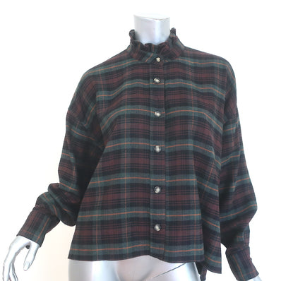 Isabel Marant Etoile Ilaria Plaid Ruffle Neck Flannel Shirt Green/Brown Size 36