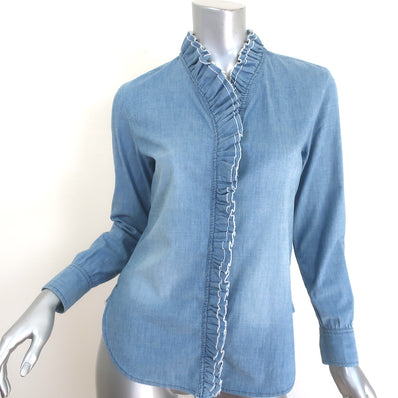 Isabel Marant Etoile Lawendy Ruffle Shirt Blue Chambray Stretch Denim Size 36