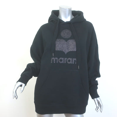 Isabel Marant Etoile Mansel Glitter Logo Hoodie Sweatshirt Black Size 40