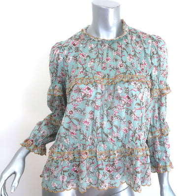 Isabel Marant Etoile Moxley Embroidered Ruffle Top Blue Floral Print Size 36