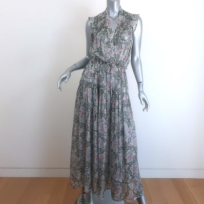 Isabel Marant Eydie Sleeveless Midi Dress Black/White Printed Silk Size 34