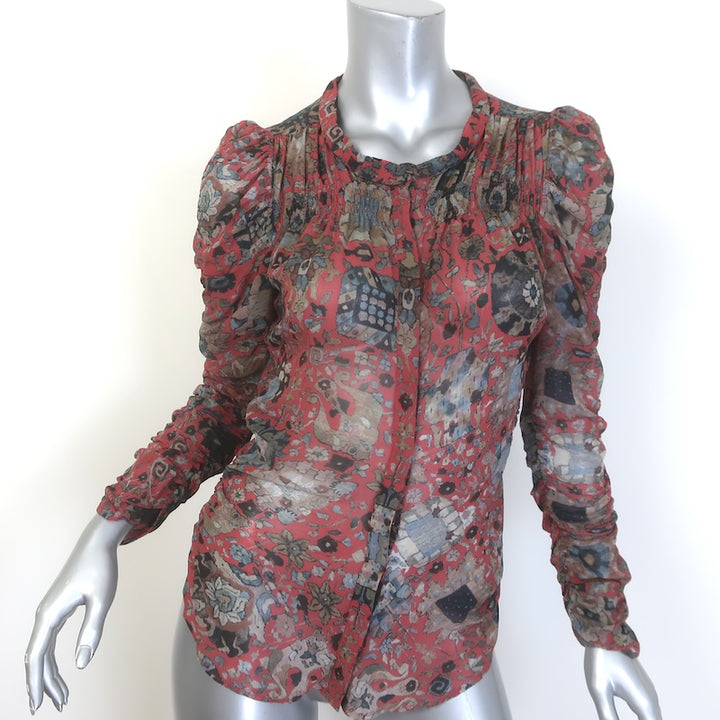Isabel Marant Ruched Button-Up Blouse Red/Multi Printed Silk 
