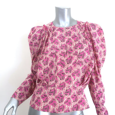 Isabel Marant Zarga Puff Sleeve Blouse Fuchsia Printed Stretch Silk Size 38 NEW
