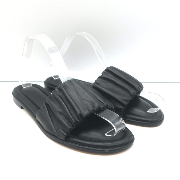 Menorca Scrunchie-Strap Flat Slide Sandals Black Leather Size NEW