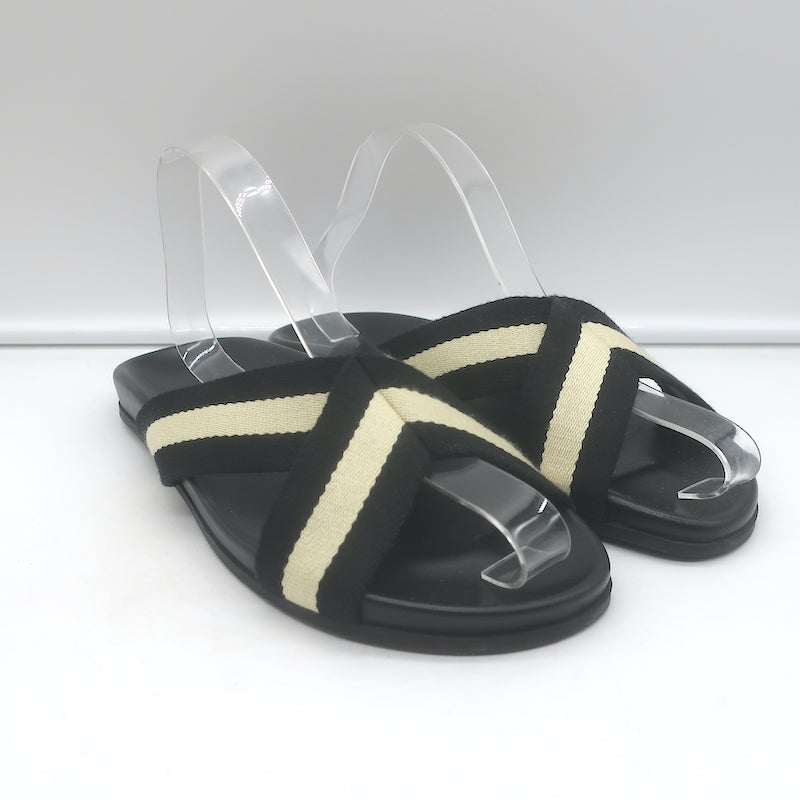 Jenni Kayne Striped Canvas Crossover Sandals Black/Cream Size 40 Flat Slides