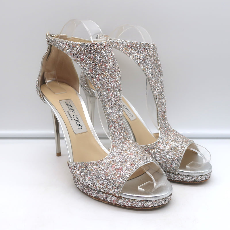 Jimmy Choo Lana Glitter T-Strap Sandals Silver Size 38 Open Toe Platform Heels
