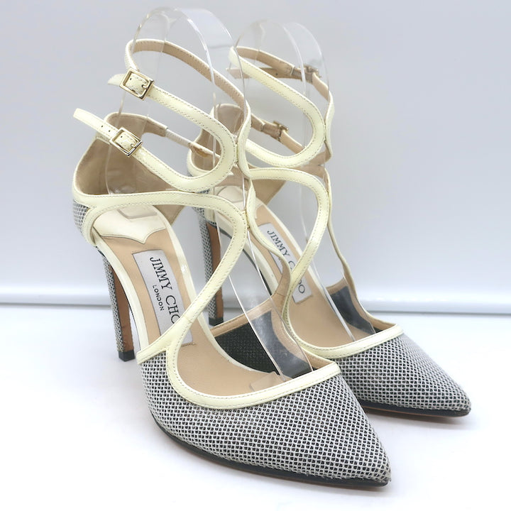 Jimmy Choo Lancer 100 Strappy Pumps Black/Cream Mesh &amp; Patent Leather Size 34.5
