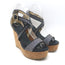 Jimmy Choo Portia Cork Platform Wedge Sandals Navy Woven Raffia Size 37.5