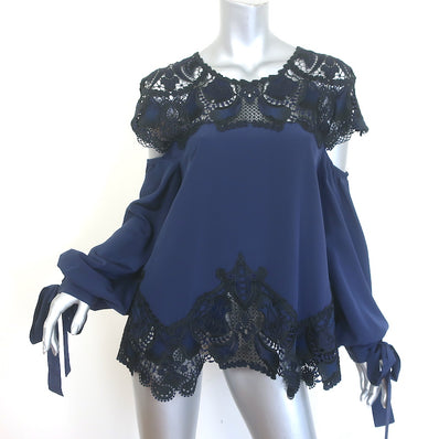 Jonathan Simkhai Cutout Guipure Lace-Paneled Blouse Navy/Black Silk Size Large