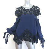 Jonathan Simkhai Cutout Guipure Lace-Paneled Blouse Navy/Black Silk Size Large