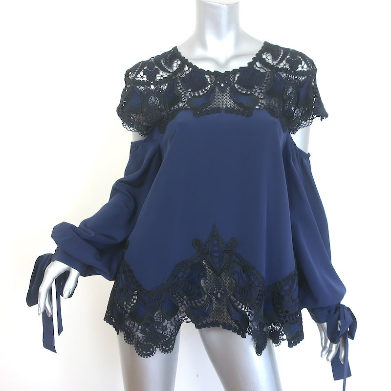Jonathan Simkhai Cutout Guipure Lace-Paneled Blouse Navy/Black Silk Size Large