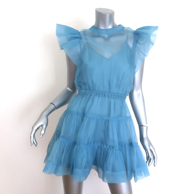 jonathan simkhai blue dress Simkhai Kenlie Mixed Media Bubble Midi Dress, Blue, Women's, Medium, Cocktail & Party Wedding Guest Dresses Midi Dresses