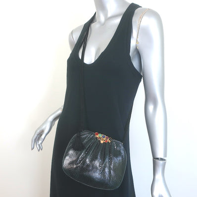 Judith Leiber Jeweled Clasp Small Snakeskin Crossbody Bag Dark Green